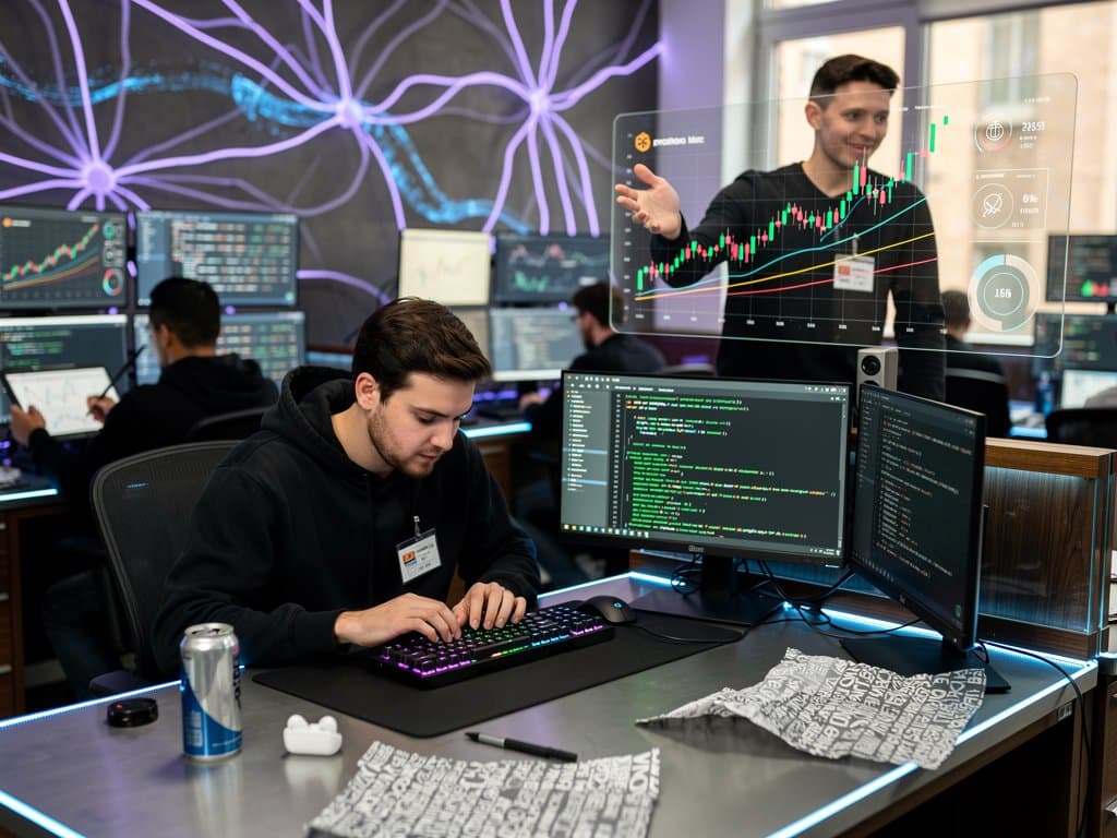 Terminal screens showing Anthropic Claude CLI outputs, 1M context graphs, and crypto market charts