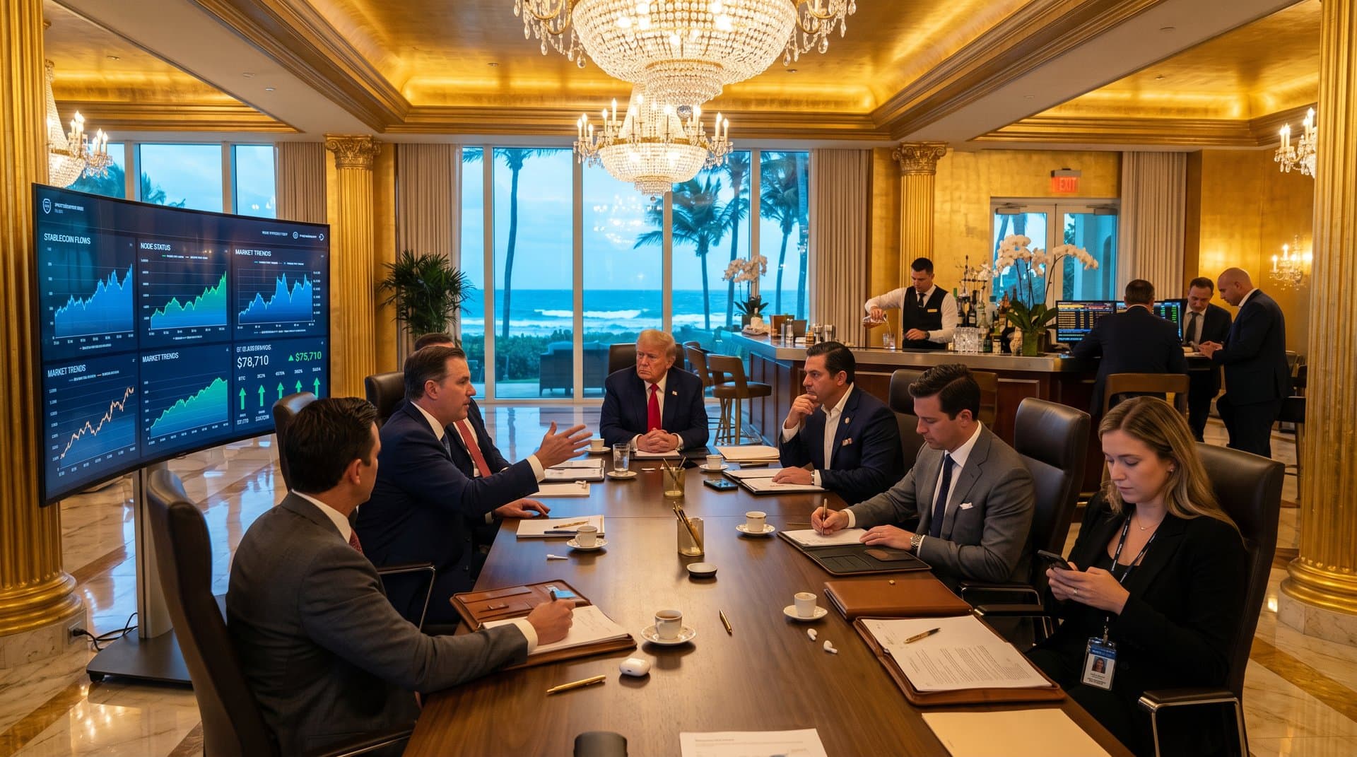 Mar-a-Lago ballroom conference table with stablecoin charts on screen, ocean view, luxury finance setting
