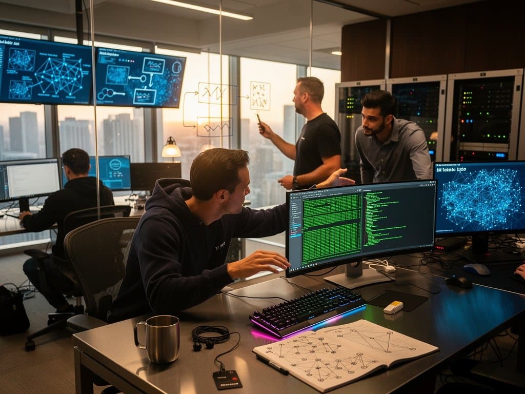 Developer workspace with CLI terminals running Claude AI, token visualizations on screens in modern office