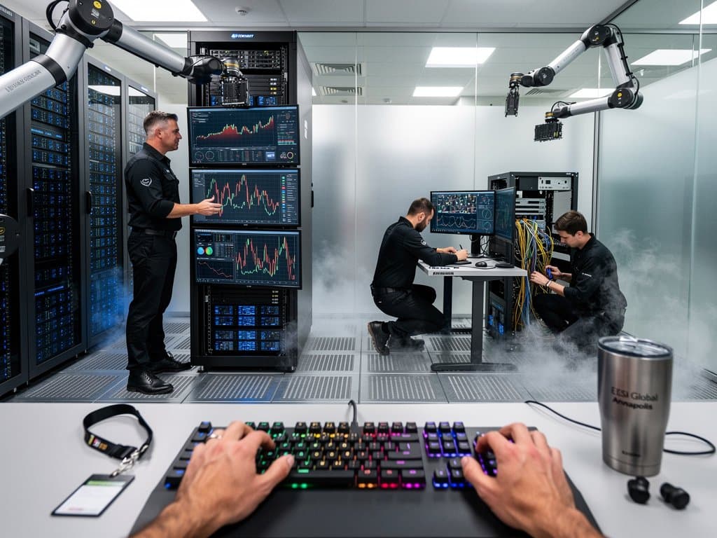 Data center with blockchain monitoring screens, server racks, and EESI Global branded elements