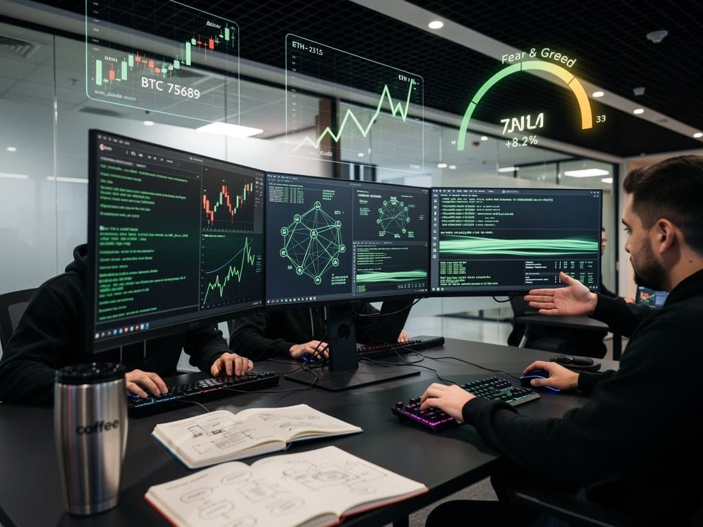 Developers at desks with CLI terminals showing Claude AI and crypto charts in a high-tech workspace