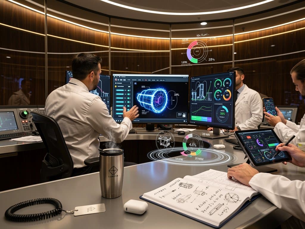 Futuristic fusion power plant simulator dashboard showing plasma pulses and energy metrics in web browser