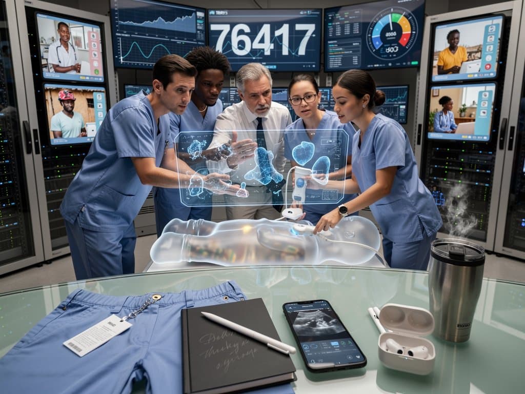 AI health systems analyzing medical diagnostics in futuristic clinic with screens, holograms, and blockchain data security