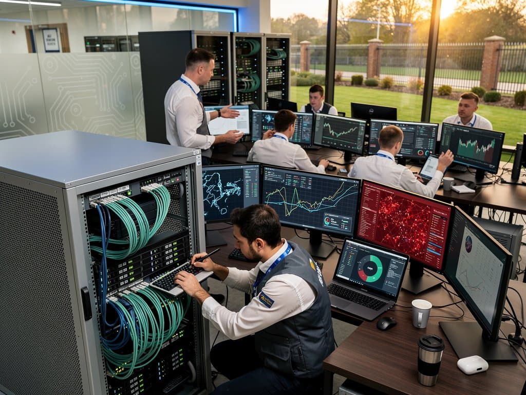 Cybersecurity analysts monitor Scattered Spider threats and crypto graphs in modern UK operations center with servers and terminals