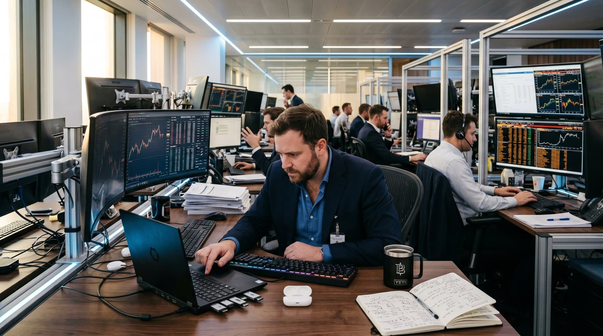 Framework Laptop 13 Pro on trading desk amid BTC charts on monitors and modular expansion cards